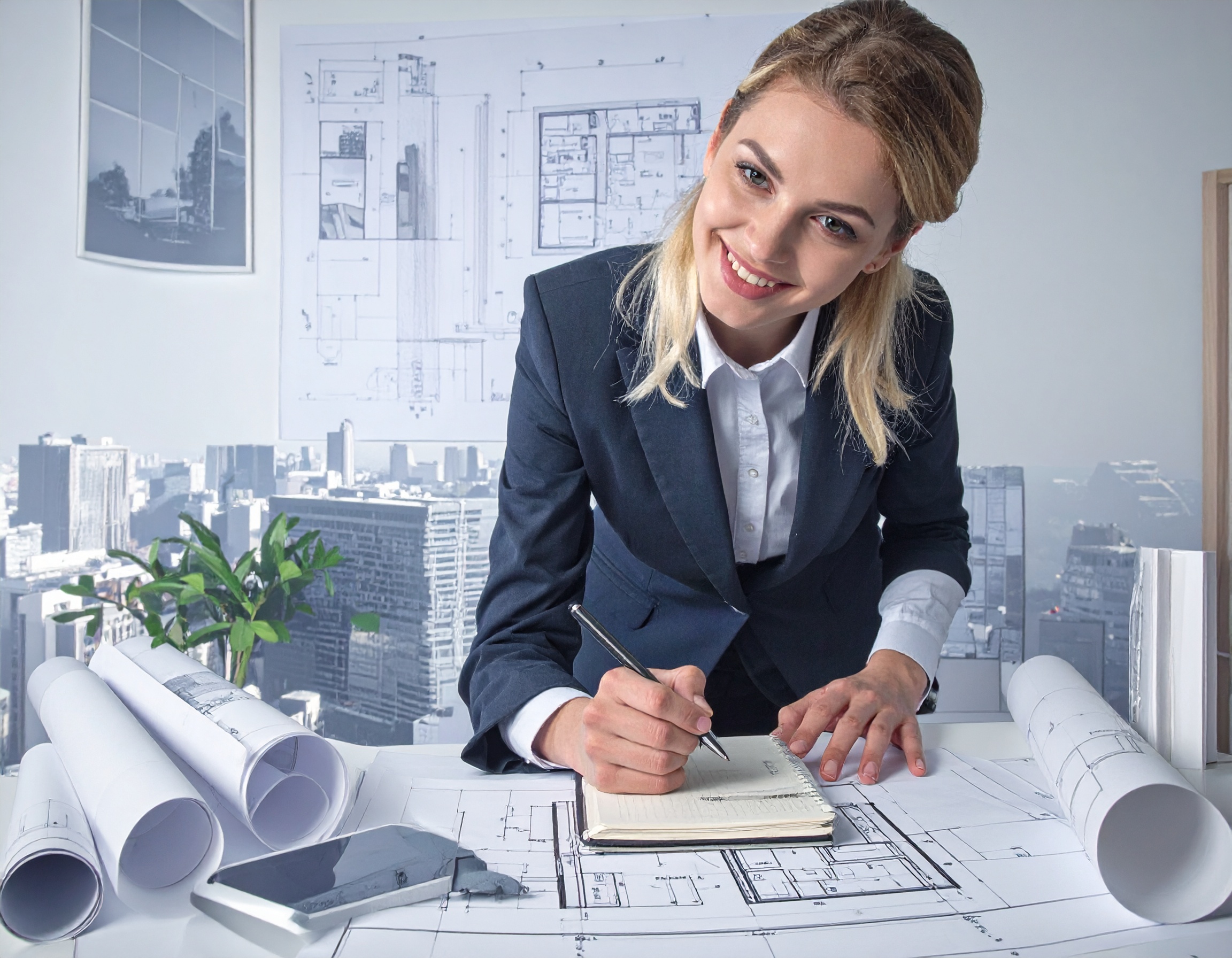 Profesional de la arquitectura tomando notas sobre planos en un estudio con proyectos y edificios al fondo